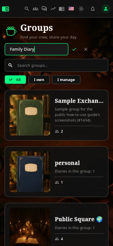 The Groups page with the name Family Diary typed into the new-group field