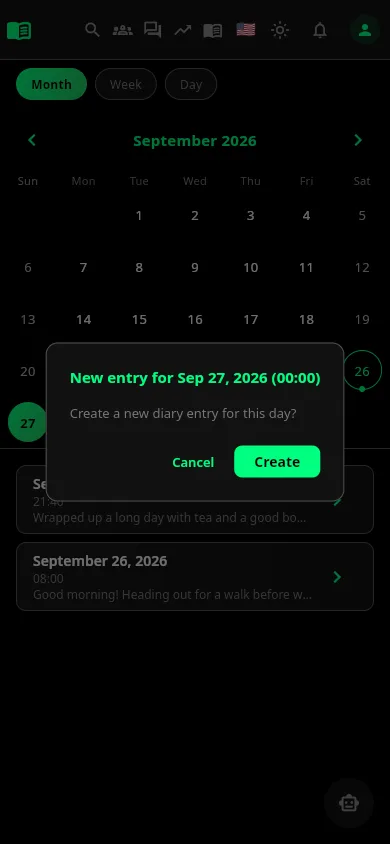 A diary calendar with the dialog asking whether to create a new entry for the chosen day