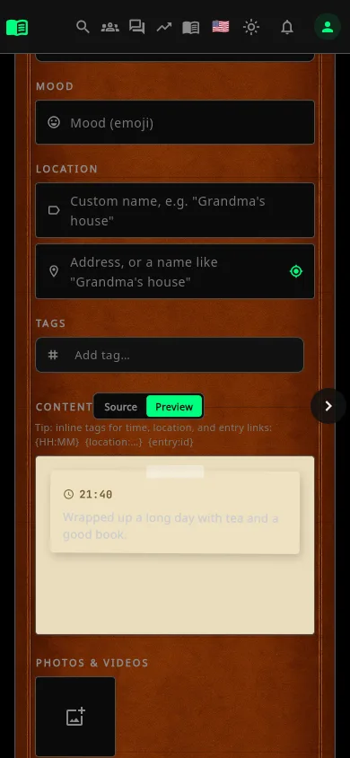 The entry editor in Preview, showing a sticky note stamped 21:40