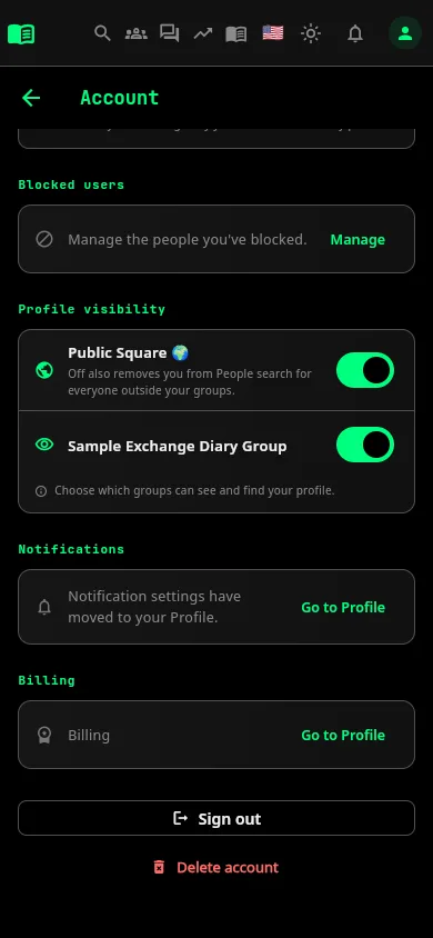 The Account screen's Profile visibility section, with a switch for Public Square and one per group